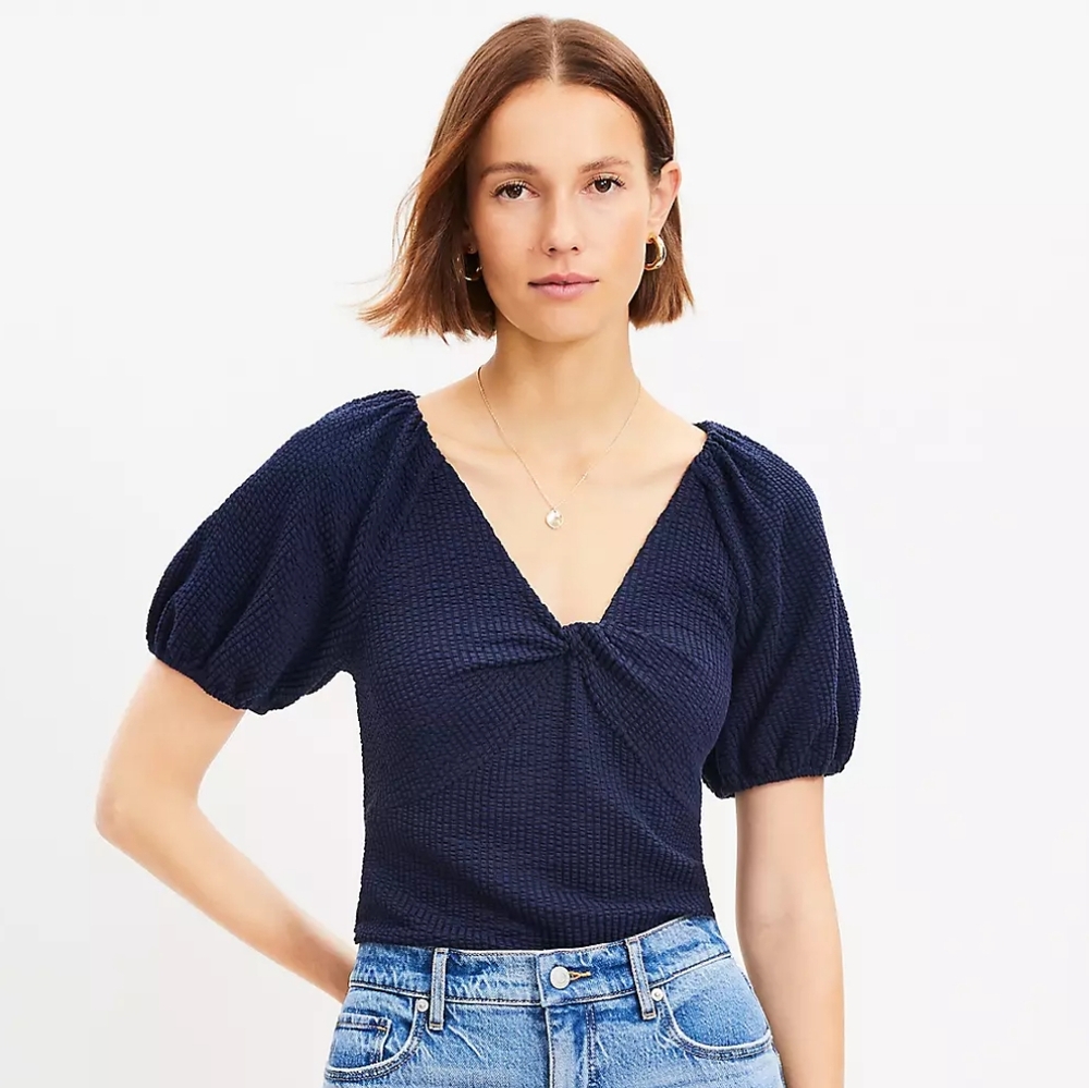 LOFT | Seersucker Twist Puff Sleeve Top